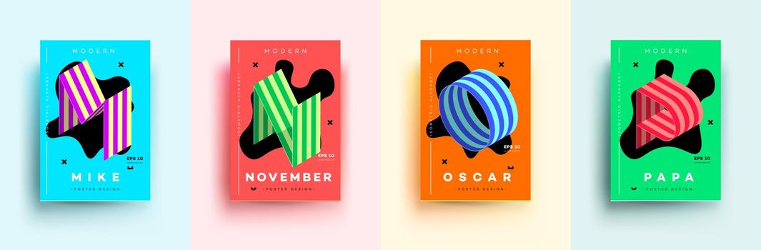 Modern Typographic Colorful Covers. Isometric Letters M, N, O, P With Abstract Memphis Design Background. Vector Trendy Template For Your Posters, Banners, Presentations, Layouts.