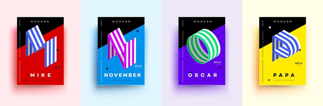 Modern Typographic Colorful Covers. Isometric Letters M, N, O, P With Abstract Memphis Design Background. Vector Trendy Template For Your Posters, Banners, Presentations, Layouts.