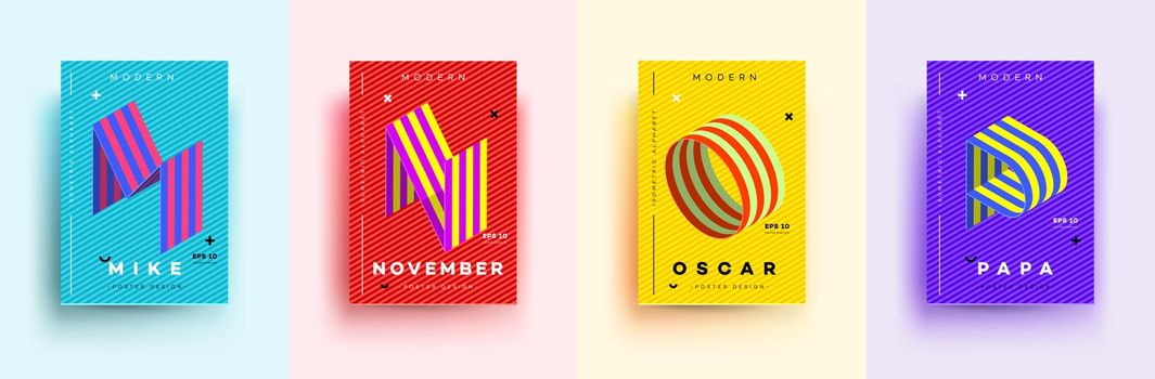 Modern Typographic Colorful Covers. Isometric Letters M, N, O, P With Abstract Memphis Design Background. Vector Trendy Template For Your Posters, Banners, Presentations, Layouts.