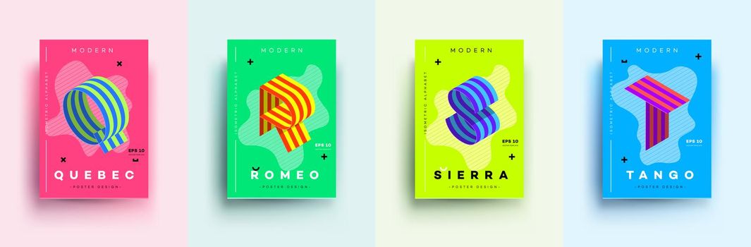 Modern Typographic Colorful Covers. Isometric Letters Q, R, S,T With Abstract Memphis Design Background. Vector Trendy Template For Your Posters, Banners, Presentations, Layouts.