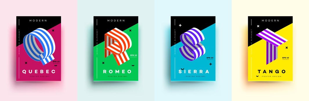 Modern Typographic Colorful Covers. Isometric Letters Q, R, S,T With Abstract Memphis Design Background. Vector Trendy Template For Your Posters, Banners, Presentations, Layouts.