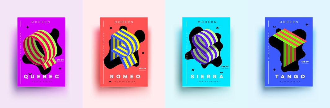 Modern Typographic Colorful Covers. Isometric Letters Q, R, S,T With Abstract Memphis Design Background. Vector Trendy Template For Your Posters, Banners, Presentations, Layouts.
