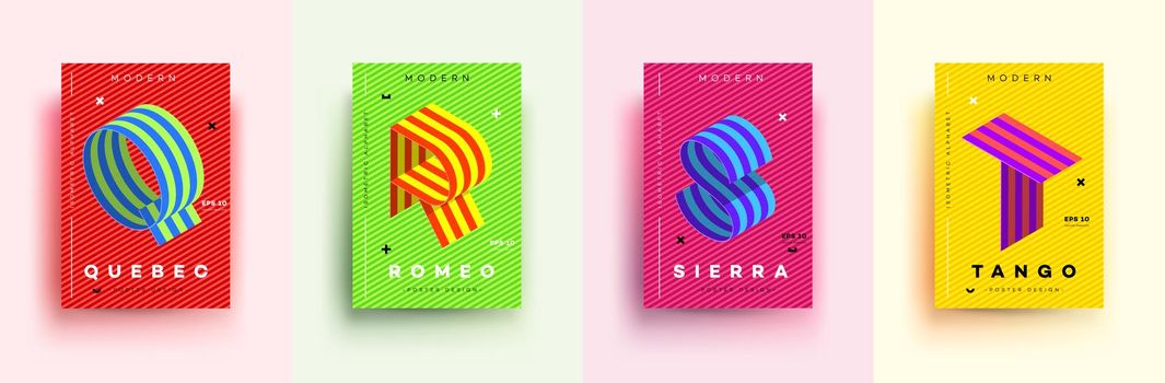 Modern Typographic Colorful Covers. Isometric Letters Q, R, S,T With Abstract Memphis Design Background. Vector Trendy Template For Your Posters, Banners, Presentations, Layouts.