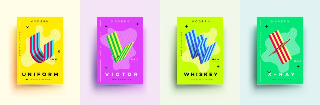 Modern Typographic Colorful Covers. Isometric Letters U, V, W, X With Abstract Memphis Design Background. Vector Trendy Template For Your Posters, Banners, Presentations, Layouts.