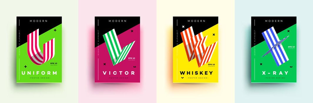 Modern Typographic Colorful Covers. Isometric Letters U, V, W, X With Abstract Memphis Design Background. Vector Trendy Template For Your Posters, Banners, Presentations, Layouts.