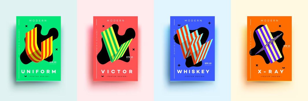 Modern Typographic Colorful Covers. Isometric Letters U, V, W, X With Abstract Memphis Design Background. Vector Trendy Template For Your Posters, Banners, Presentations, Layouts.