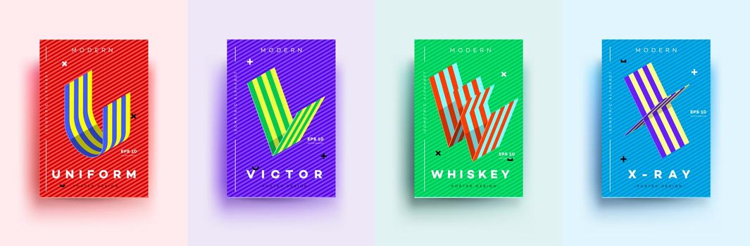 Modern Typographic Colorful Covers. Isometric Letters U, V, W, X With Abstract Memphis Design Background. Vector Trendy Template For Your Posters, Banners, Presentations, Layouts.