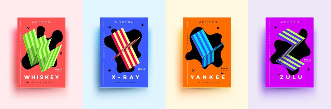 Modern Typographic Colorful Covers. Isometric Letters W, X, Y, Z With Abstract Memphis Design Background. Vector Trendy Template For Your Posters, Banners, Presentations, Layouts.