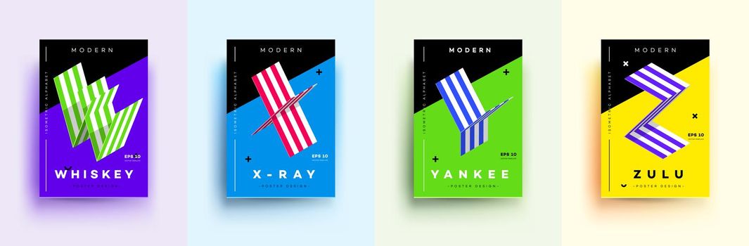 Modern Typographic Colorful Covers. Isometric Letters W, X, Y, Z With Abstract Memphis Design Background. Vector Trendy Template For Your Posters, Banners, Presentations, Layouts.