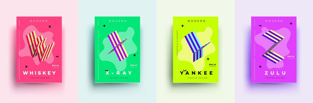 Modern Typographic Colorful Covers. Isometric Letters W, X, Y, Z With Abstract Memphis Design Background. Vector Trendy Template For Your Posters, Banners, Presentations, Layouts.