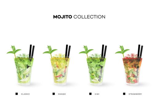 Mojito Collection. Vector Menu Template With Realistic Cocktails.