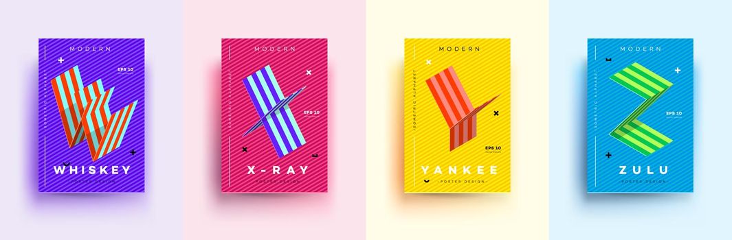 Modern Typographic Colorful Covers. Isometric Letters W, X, Y, Z With Abstract Memphis Design Background. Vector Trendy Template For Your Posters, Banners, Presentations, Layouts.