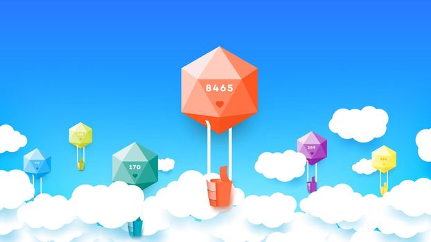 Modern Colorful Abstract Paper Style Polygonal Baloons With Conceptual Wizard As Thumb Up Sign. Template For Social Media Design.