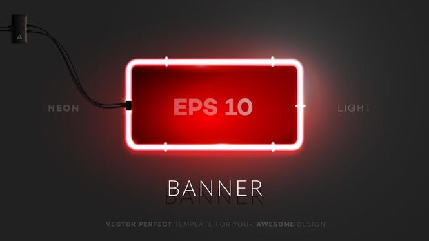 3d Neon Rectangle Sign. Realistic Vector Empty Banner With Lighting Red Neon Tube On Black Background. Conceptual Vector Illustration.