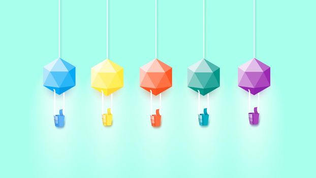 Modern Colorful Abstract Paper Style Polygonal Baloons With Conceptual Wizard As Thumb Up Sign. Template For Social Media Design.