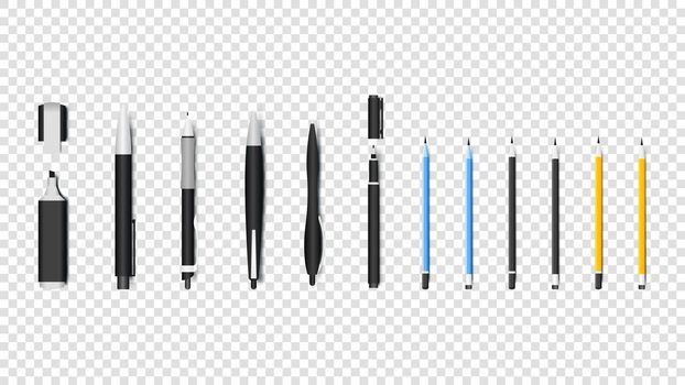 Realistic Writing Materials Isolated Vector Objects. Pen, Pencil, Marker And Textliner.