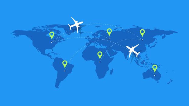 Infographic Vector Illustration With Planes, Dotted Direction Paths And Map Pointers Over Worldmap. Template For Plane Tracking Design.