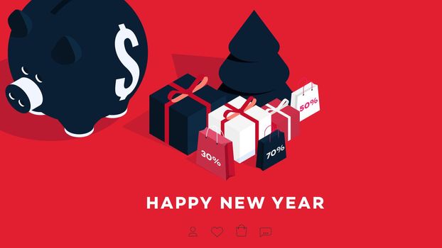 Modern Isometric Happy New Year Background. Vector Template For 2019 Gift Cards, Promotional Web Pages, Sale Billboards.