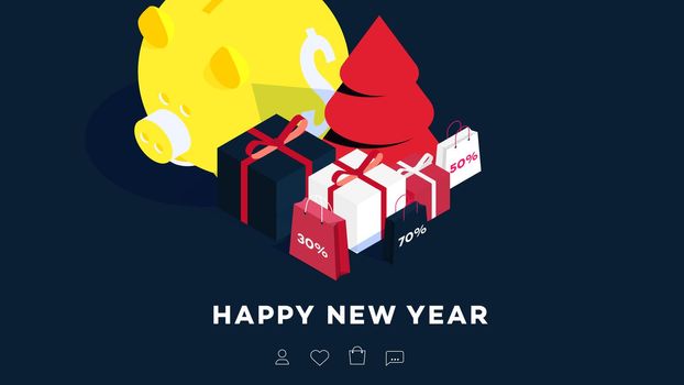 Modern Isometric Happy New Year Background. Vector Template For 2019 Gift Cards, Promotional Web Pages, Sale Billboards.