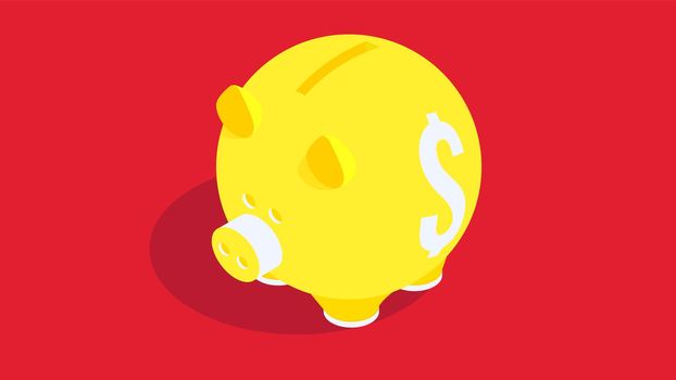 Modern Isometric Happy New Year Background. Yellow Piggy Bank On Red Background. Conceptual Coin Box For 2019 Designs.