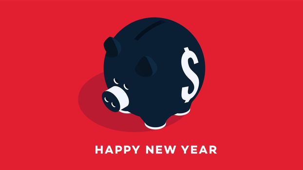 Modern Isometric Happy New Year Background. Piggy Bank On Red Background. Conceptual Coin Box For 2019 Designs.