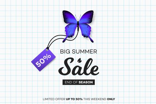 Final Summer Sale. Blue Butterfly With Sale Tag Over Notebook Sheet. Modern Conceptual Vector Illustration.