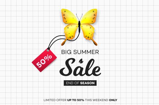 Final Summer Sale. Yellow Butterfly With Sale Tag Over Notebook Sheet. Modern Conceptual Vector Illustration.