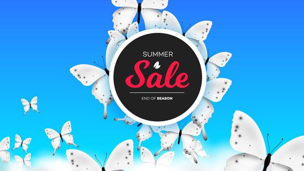 Summer Sale Banner With Realistic Butterfly Climbing Over Clouds In The Sky. Conceptual Vector Background.