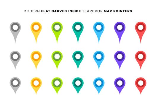 Set of Colorful Map Markers. Collection of Modern Flat Carved Inside Pointers. Vector Design Elements.