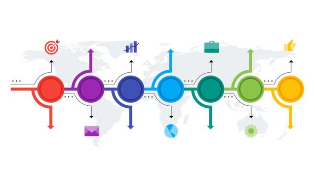 Infographic Timeline Constructor. Paper Style Multicolored Pointers. Vector Template For Modern Business Presentation, Web Banners, Layouts.