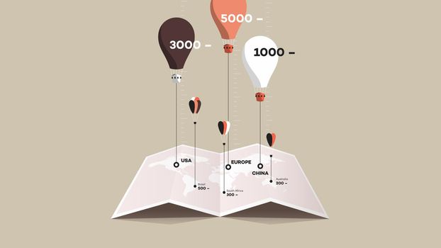 Paper Booklet With Worldmap And Colorful Balloons Over It. Flat Vector Illustration. Compare Concept.