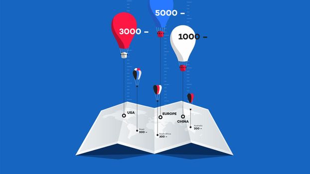 Paper Booklet With Worldmap And Colorful Balloons Over It. Flat Vector Illustration. Compare Concept.