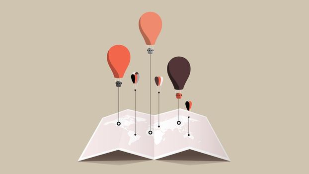 Paper Booklet With Worldmap And Colorful Balloons Over It. Flat Vector Illustration. Compare Concept.