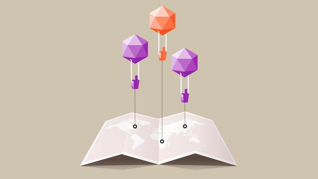Vector Paper Worldmap With Abstract Paper Style Polygonal Baloons With Conceptual Wizard As Thumb Up Sign. Template For Social Media Design.
