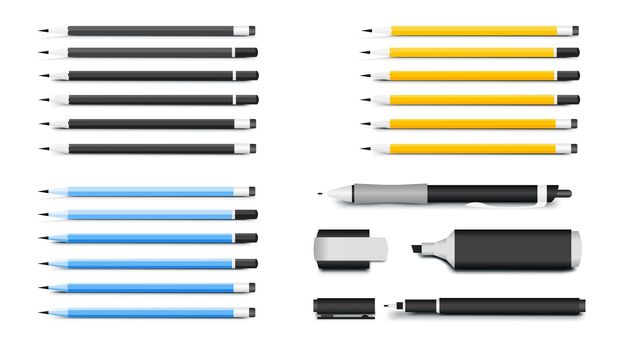 Pens, Pencils, Markers And Textliner. Most Popular Writing Materials For Corporate Identity Mockups. Vector Illustration.