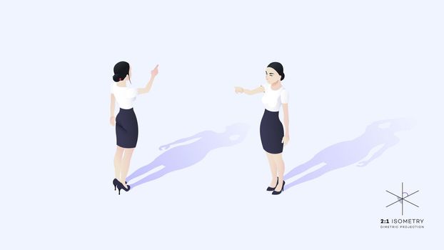 Beautiful young business lady. She is dressed in a strict corporate style. The girl's hand points forward and upward. Conceptual isolated vector isometric illustration.