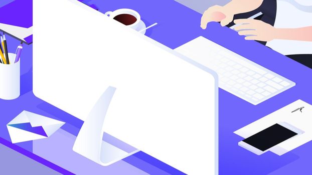 3d Isometric Workplace With Monitor, Keyboard, Cellphone, Letters, Cup Of Coffee And Writing Materials. Modern Vector Illustration.