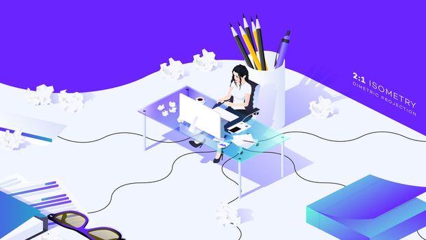 Woman Sit At The Glass Table. Conceptual Multitask Office Stress Illustration. Trendy 3d Isometric Vector Illustration. Web Template For Editors, Writers, Copywriters, Consultants.