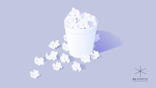 3d Isometric Recycle Bin With Crumpled Paper. Conceptual Vector Illustration.