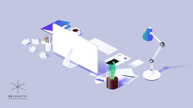 3d Isometric Workplace With Monitor, Keyboard, Cellphone, Letters, Cup Of Coffee, Lamp, Houseplant, Folder And Writing Materials. Modern Vector Illustration