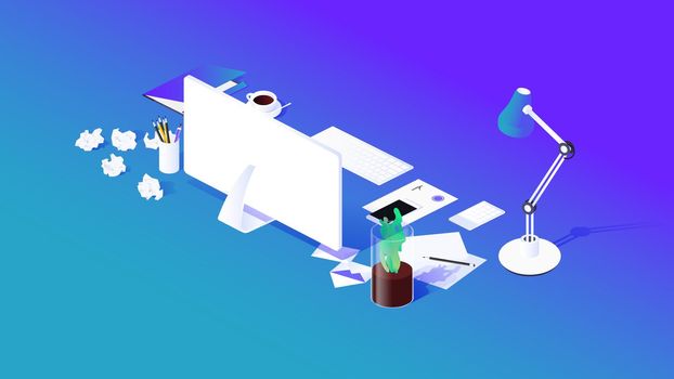 3d Isometric Workplace With Monitor, Keyboard, Cellphone, Letters, Cup Of Coffee, Lamp, Houseplant, Folder And Writing Materials. Modern Vector Illustration