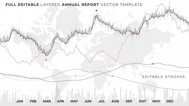 Global annual financial report. Analysis of statistics on editable chart. Layered vector financial chart with editable strokes.