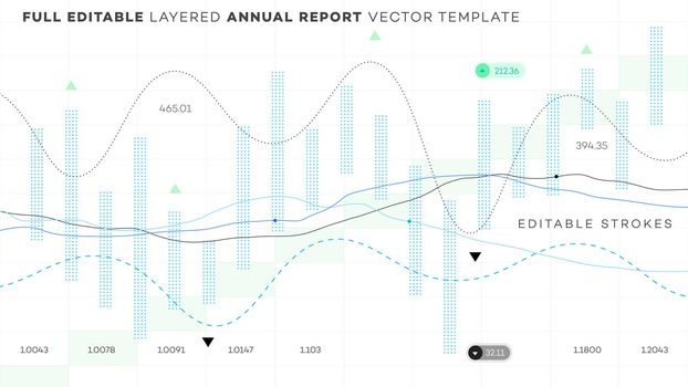 Global annual financial report. Analysis of statistics on editable chart. Layered vector financial chart with editable strokes.