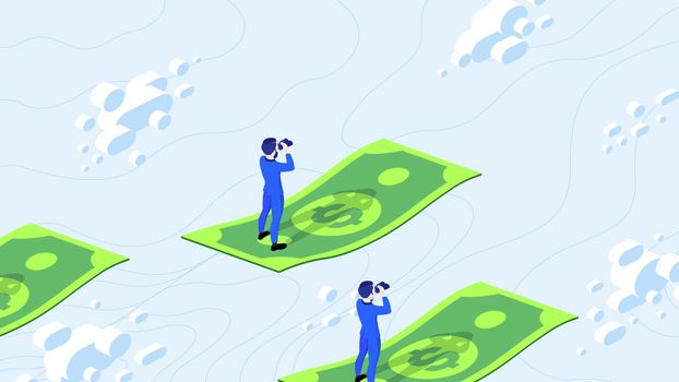 Searching for money. Isometric businessman looking for money with binocular. Isometric dollar flies in cloudscape.