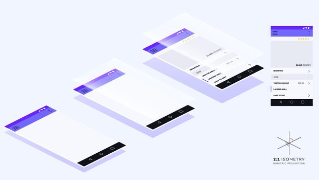 Empty Isometric Mobile App Pages. Vector Mockup For Mobile App Showcase.