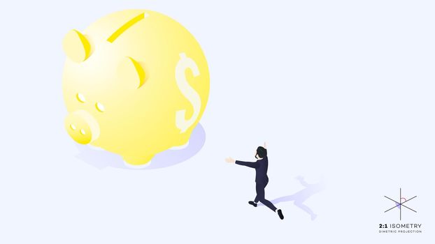 3d Businessman Runs To Yellow Moneybox. Conceptual Isometric Success Vector Illustration.