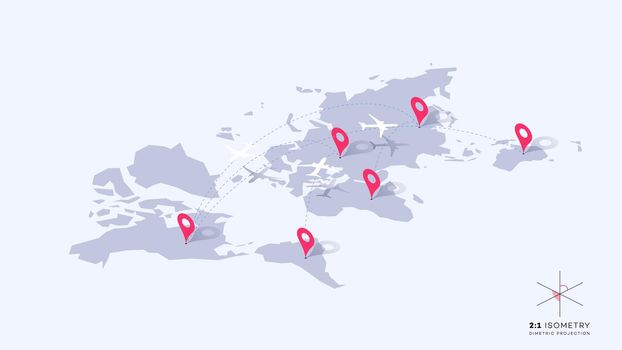 Isometric Infographic Vector Illustration With Planes, Dotted Direction Paths And Map Pointers Over Worldmap. Template For Plane Tracking Design.