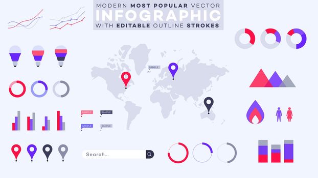 Abstract Geometric World Map. Most Popular Infographic Elements. Vector Collection. All Charts With Editable Strokes.