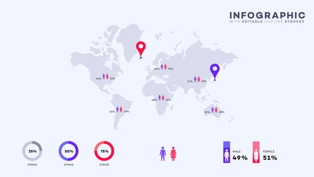 Abstract Geometric World Map. Most Popular Infographic Elements. Vector Collection. All Charts With Editable Strokes.