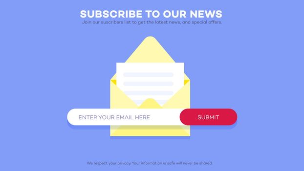 Email subscribe to latest news. Website element with e-mail subscribition form. Web template for subscribition page design. Clean and simple vector illustration.